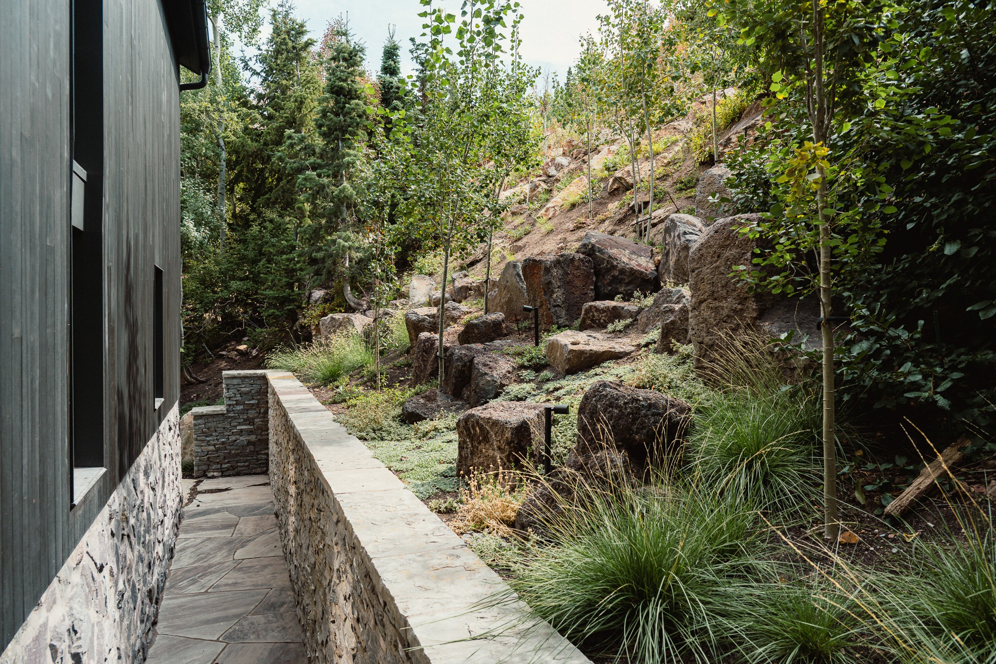Stone path beside hillside with trees and rocks.