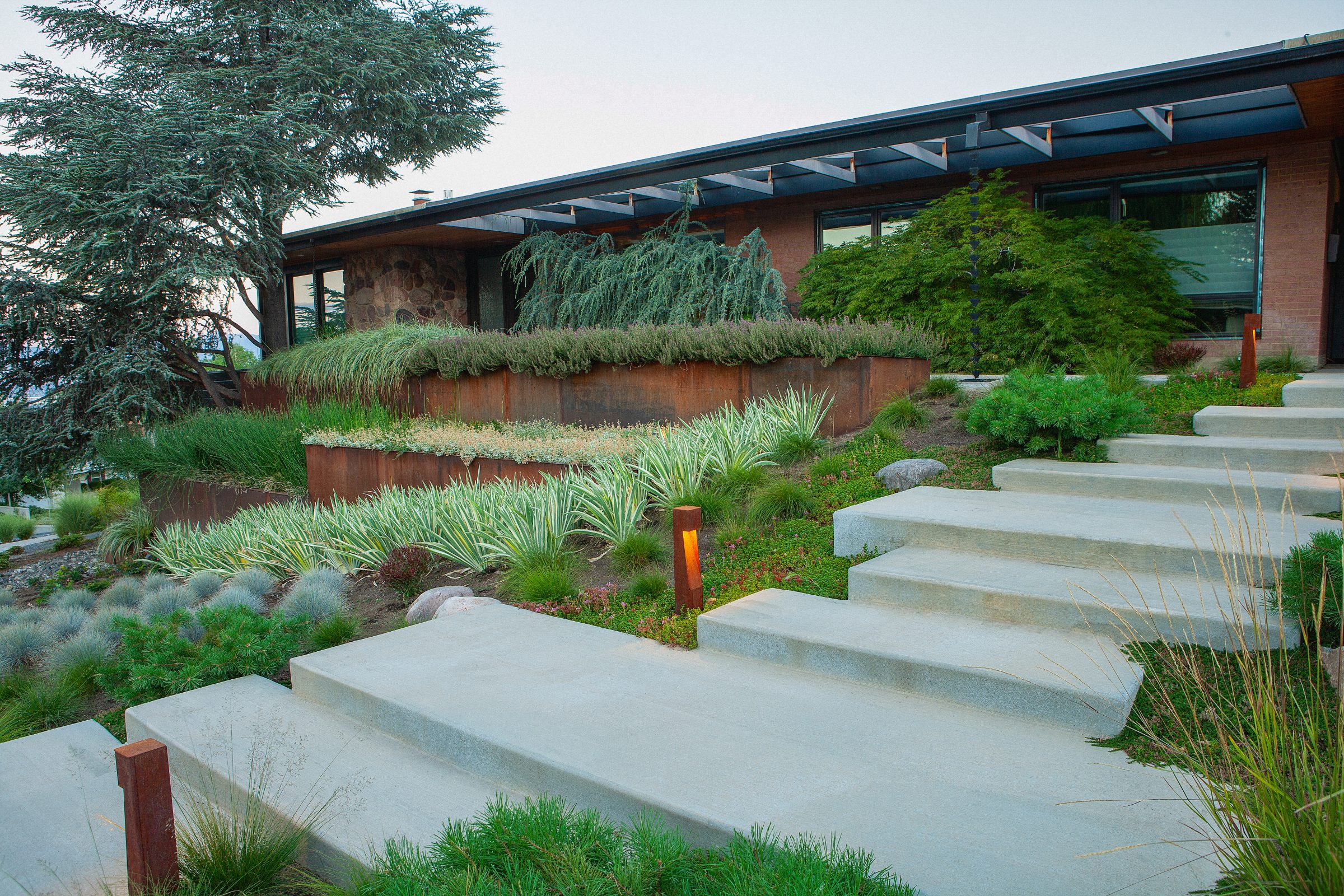 Modern house with landscaped garden and stairs