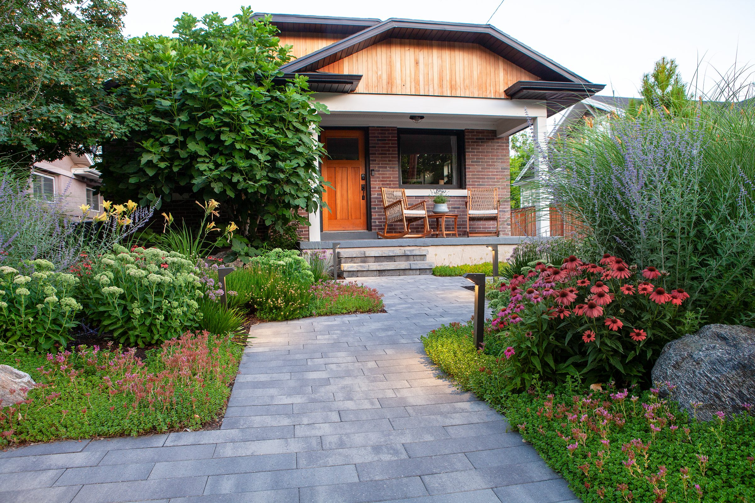 Front yard with path and colorful garden