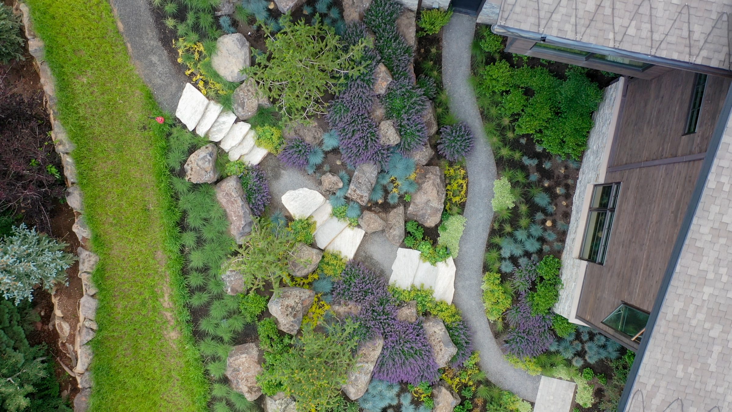 Aerial view of landscaped garden with stone path.