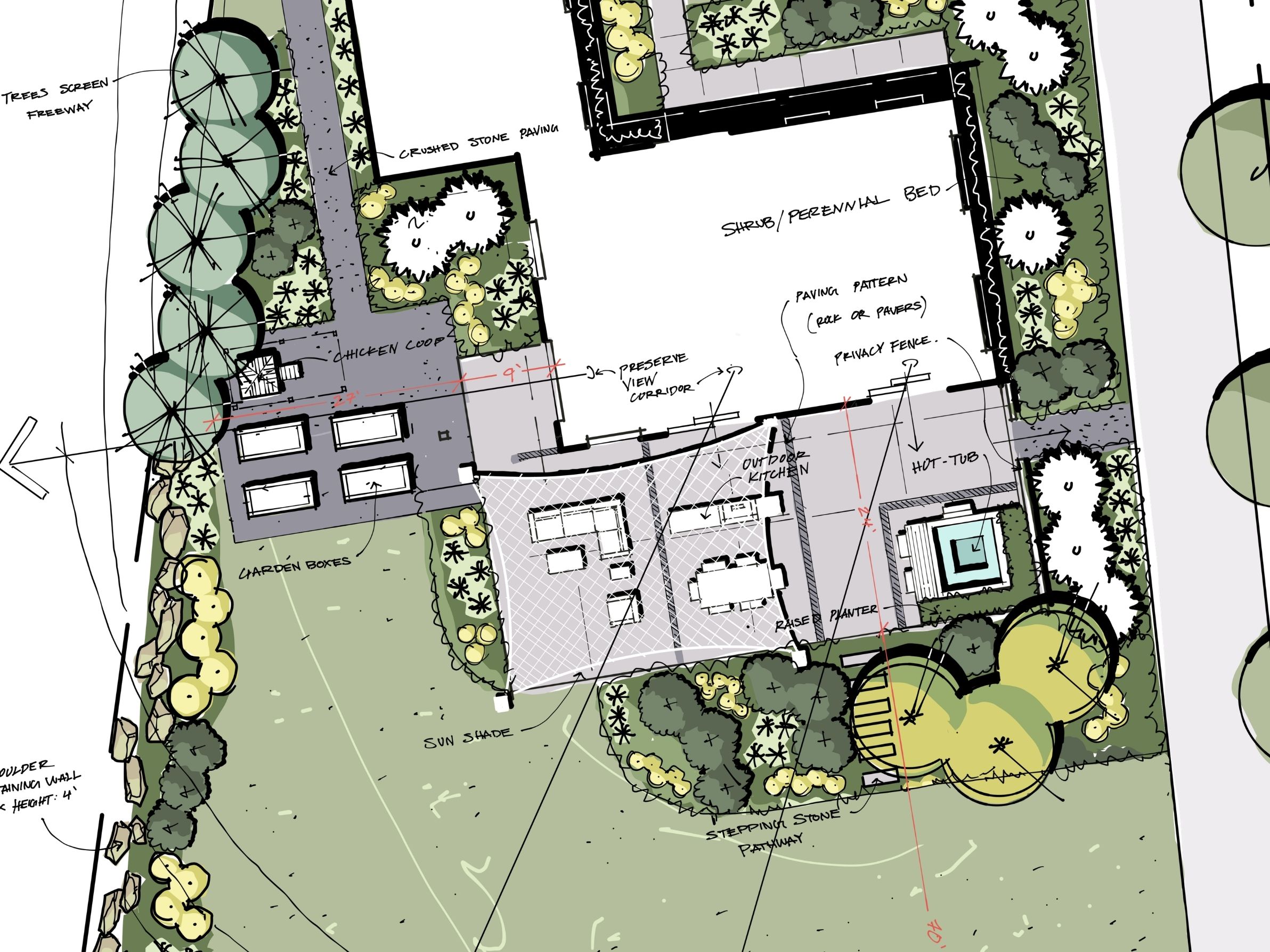Detailed backyard landscape design with garden and hot-tub.