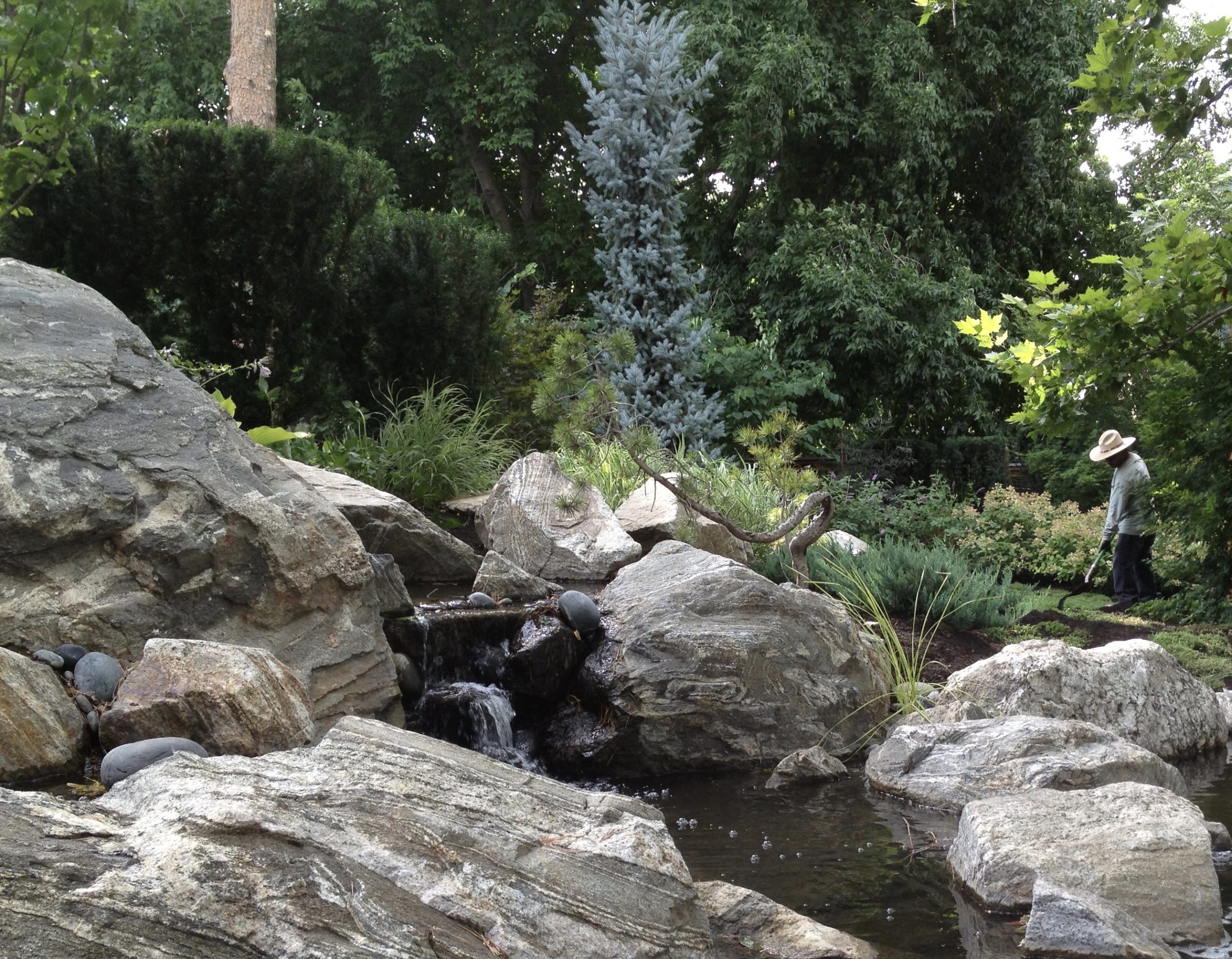 Tranquil garden with waterfall and gardener in hat.