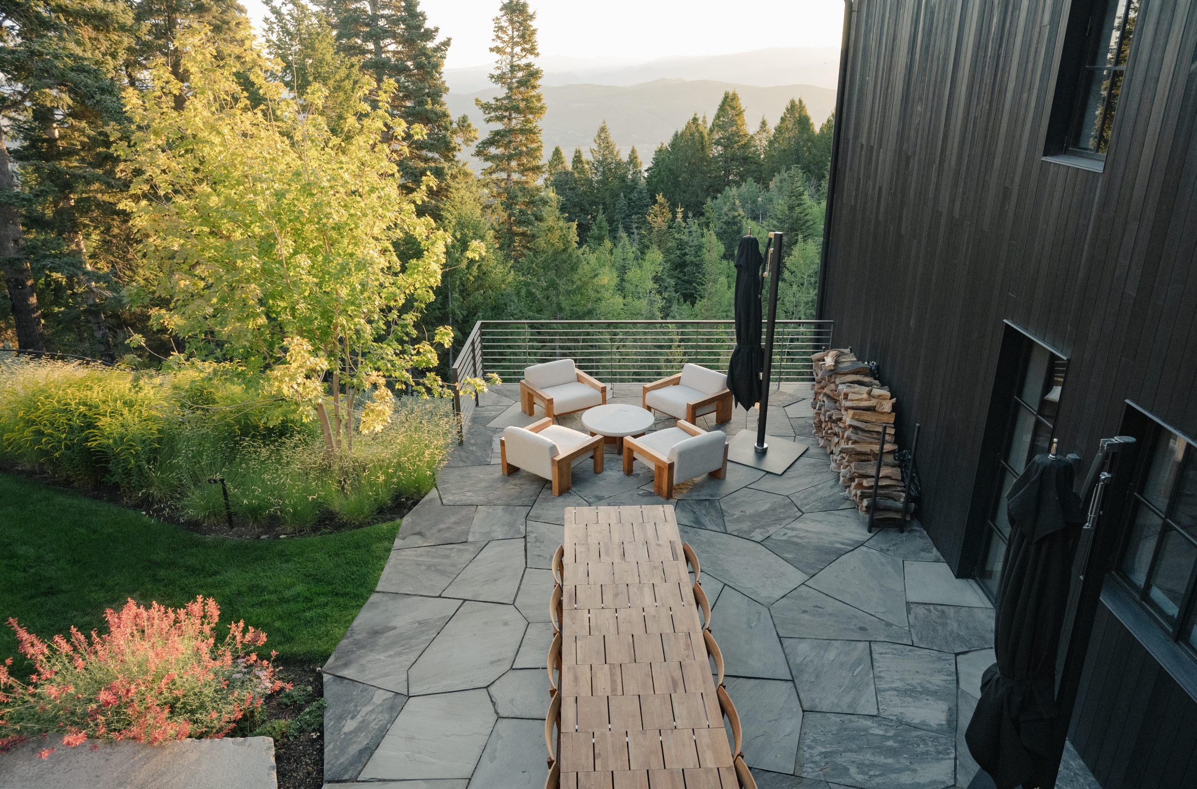 Modern patio with outdoor furniture, mountain view