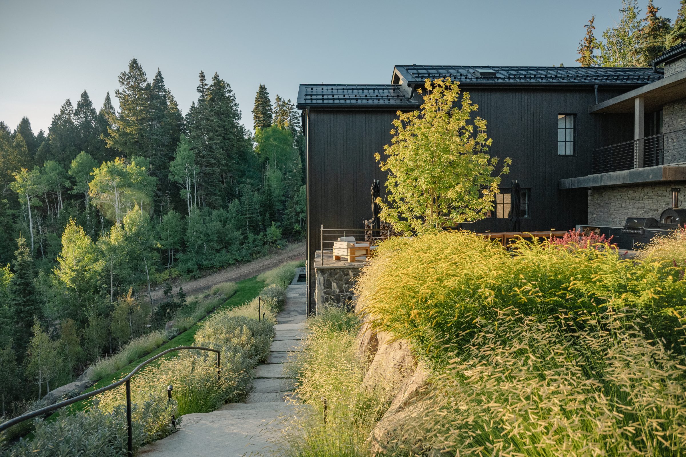 Modern villa with forest view and lush garden path.