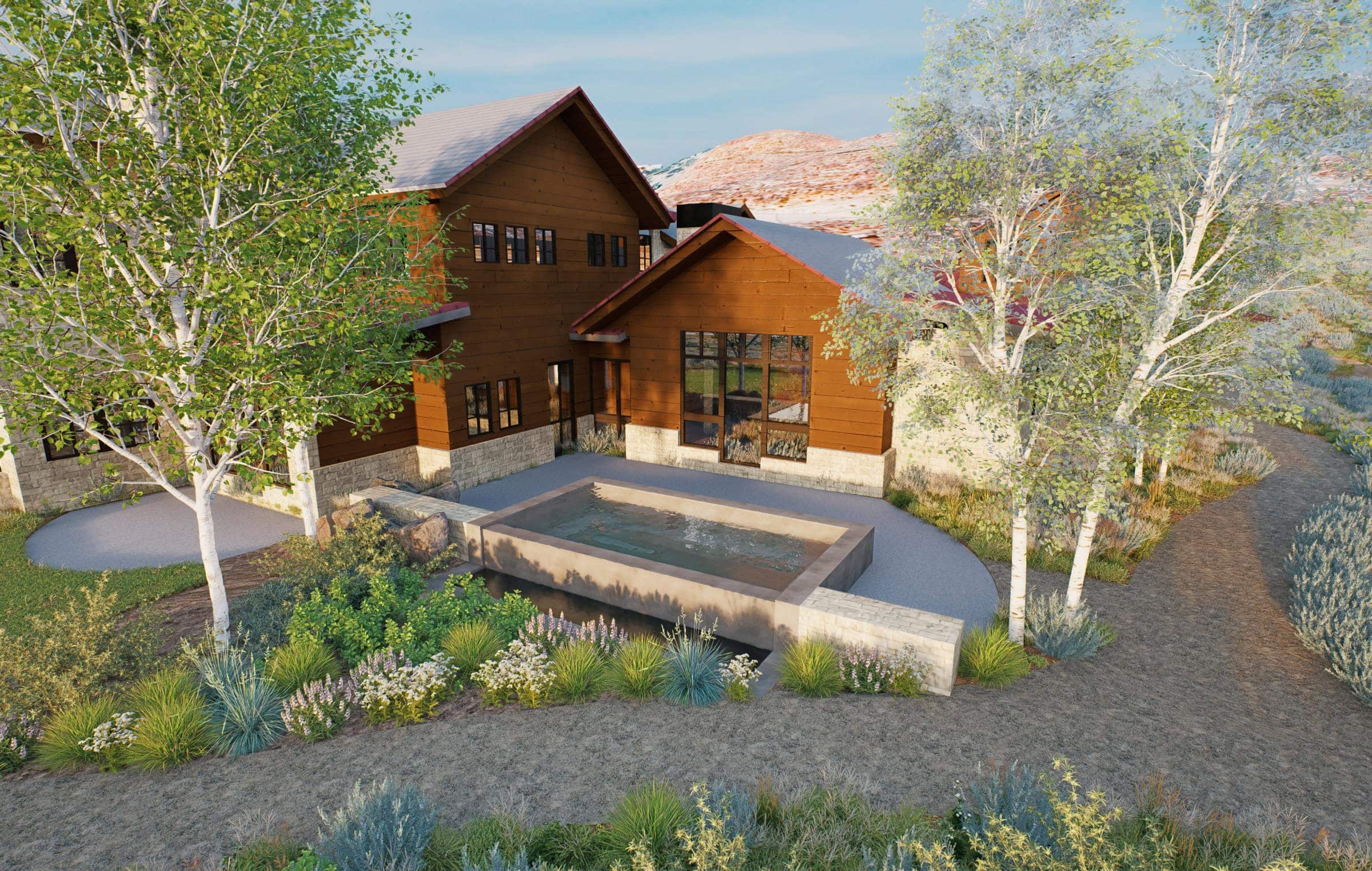 Rustic cabin with garden and mountain backdrop