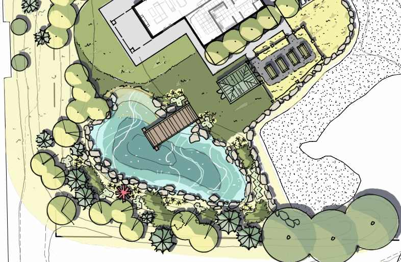 Landscape plan with pond and garden layout.
