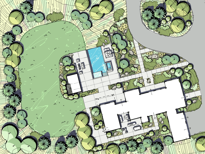 Landscape architectural plan with pool and garden.