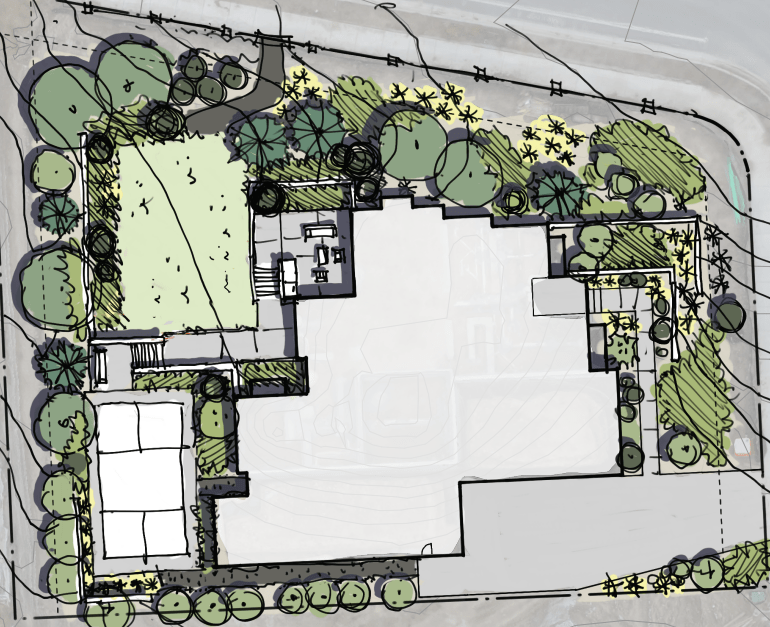 Sketch of a landscaped site plan with trees.