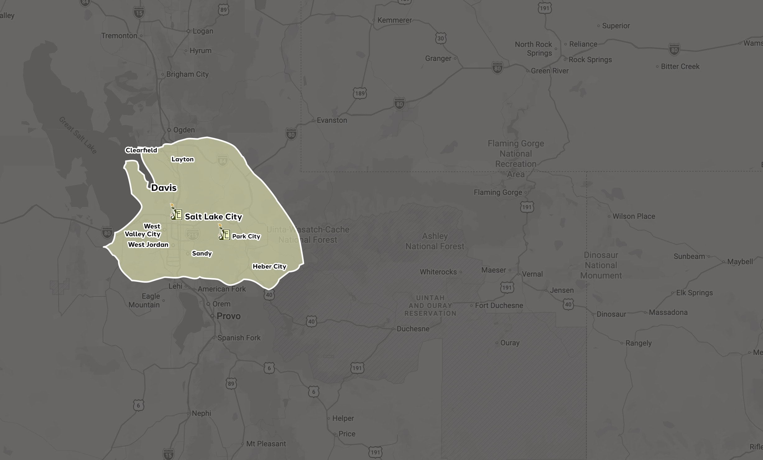 Map highlighting Salt Lake City region, Utah