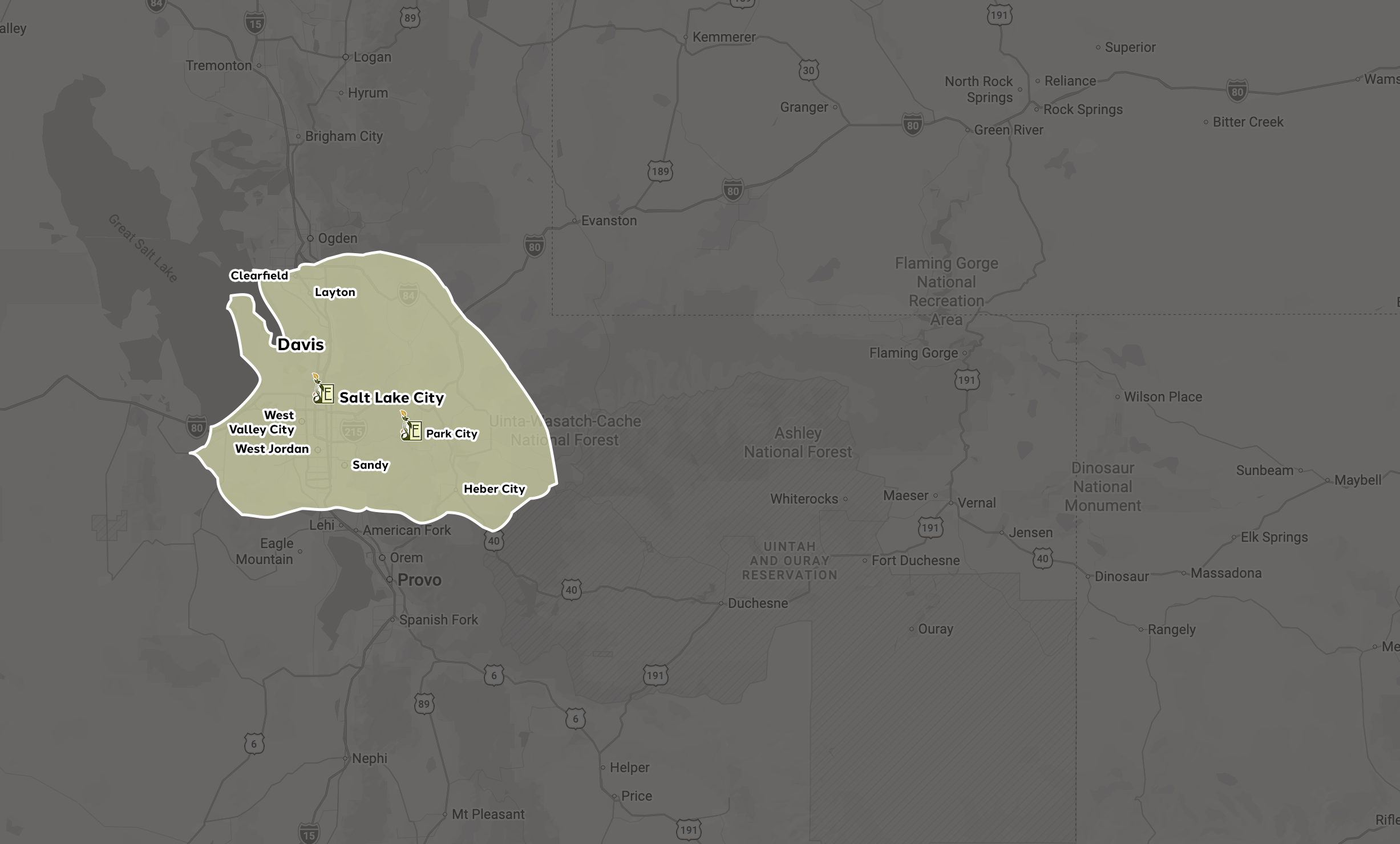 Map highlighting Salt Lake City region, Utah