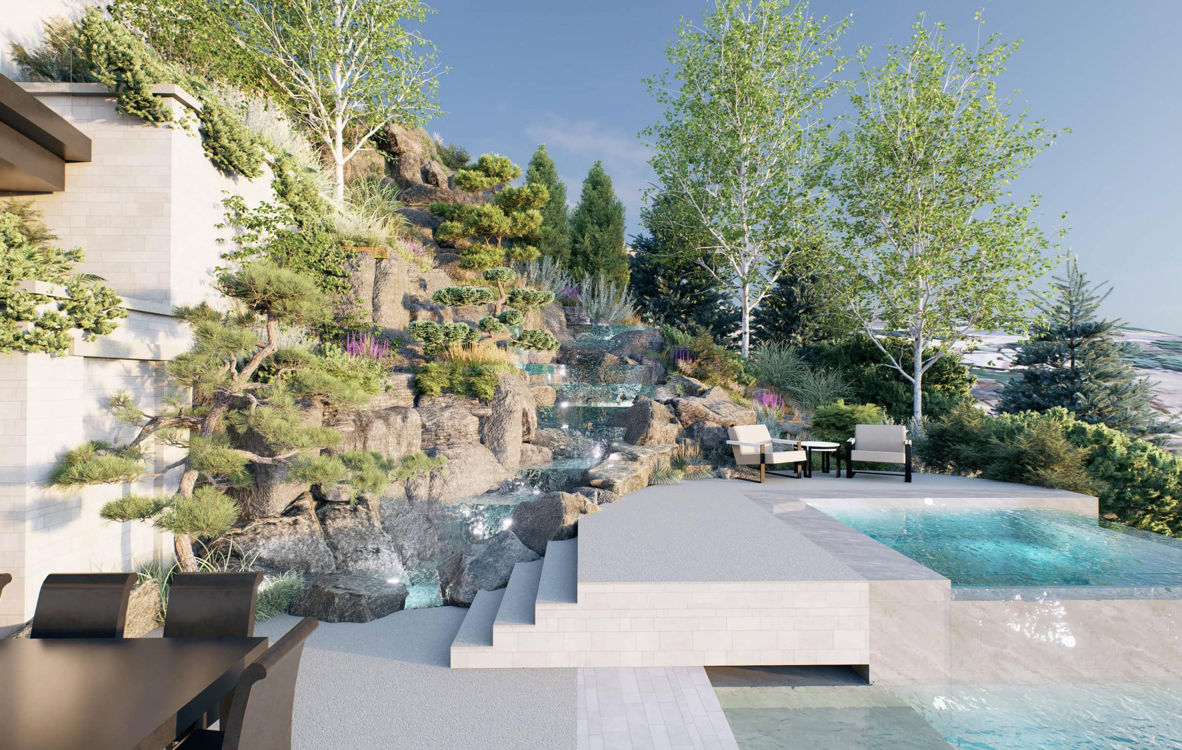 Modern backyard with waterfall and pool