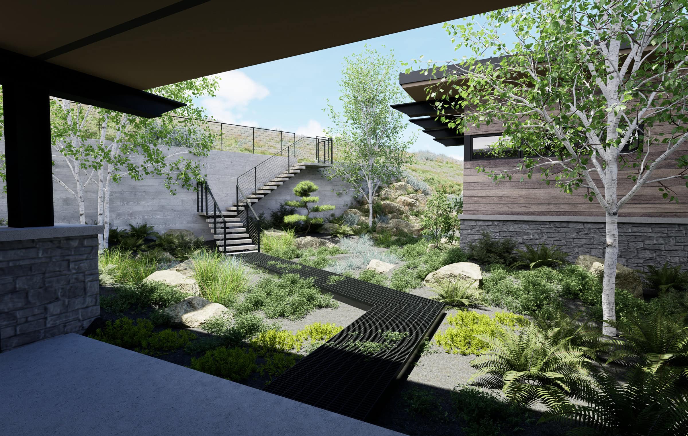 Modern landscaped courtyard with stairs and metal walkway