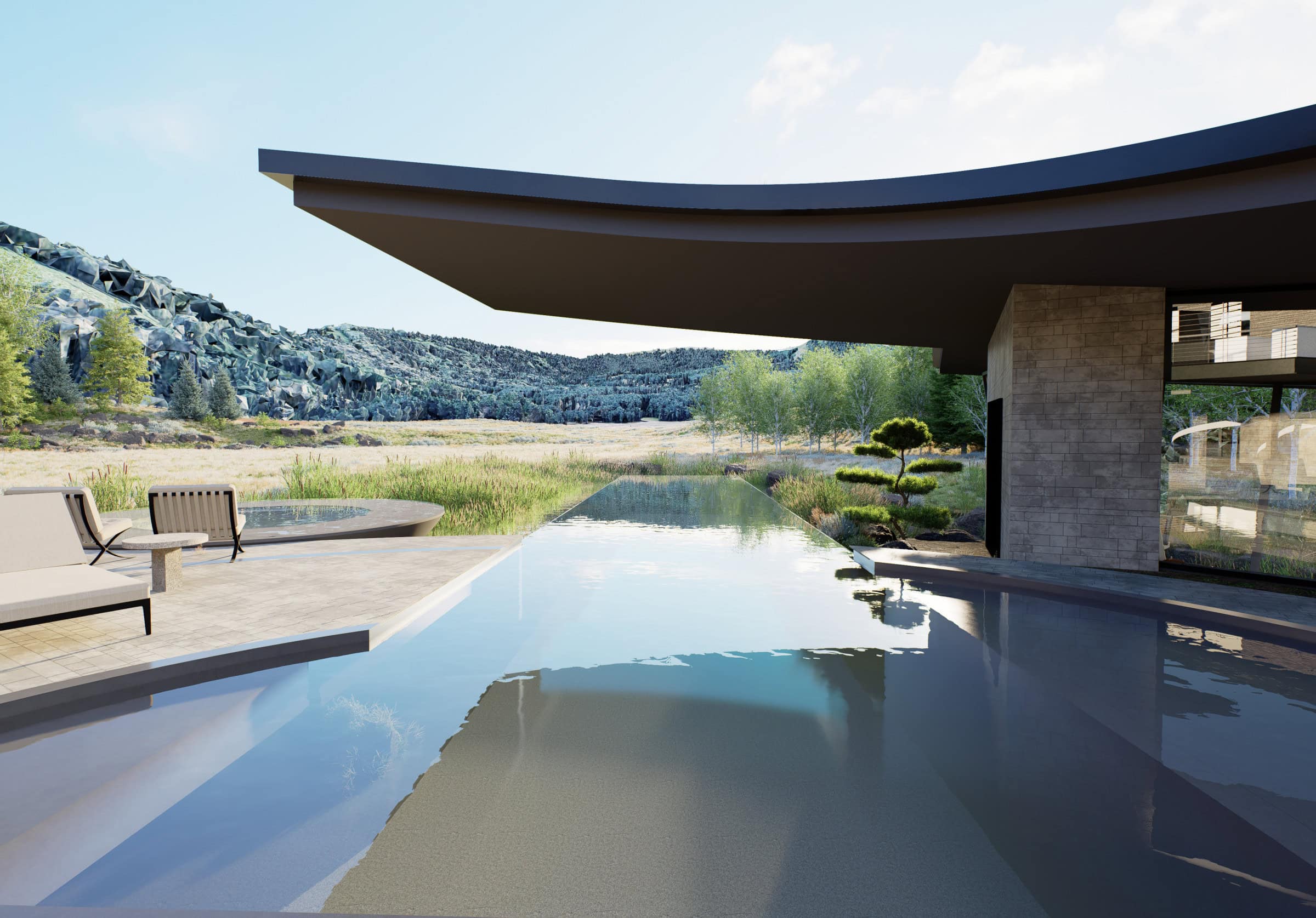 Modern luxury home with infinity pool and mountain view