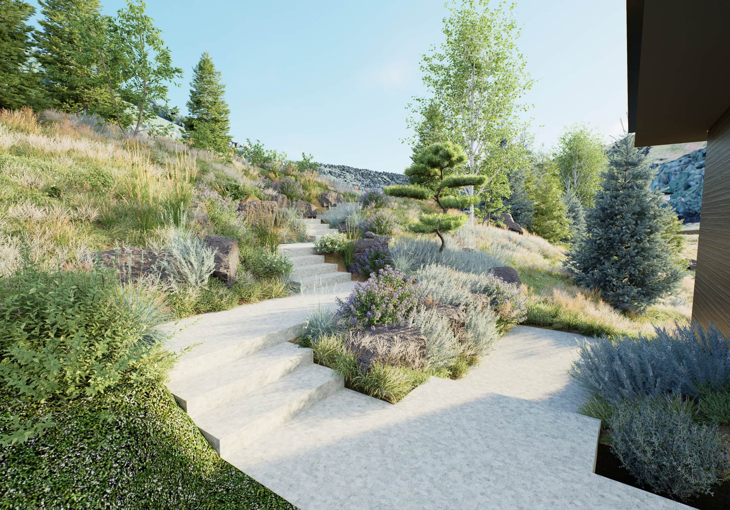 Modern hillside garden with concrete steps and grasses