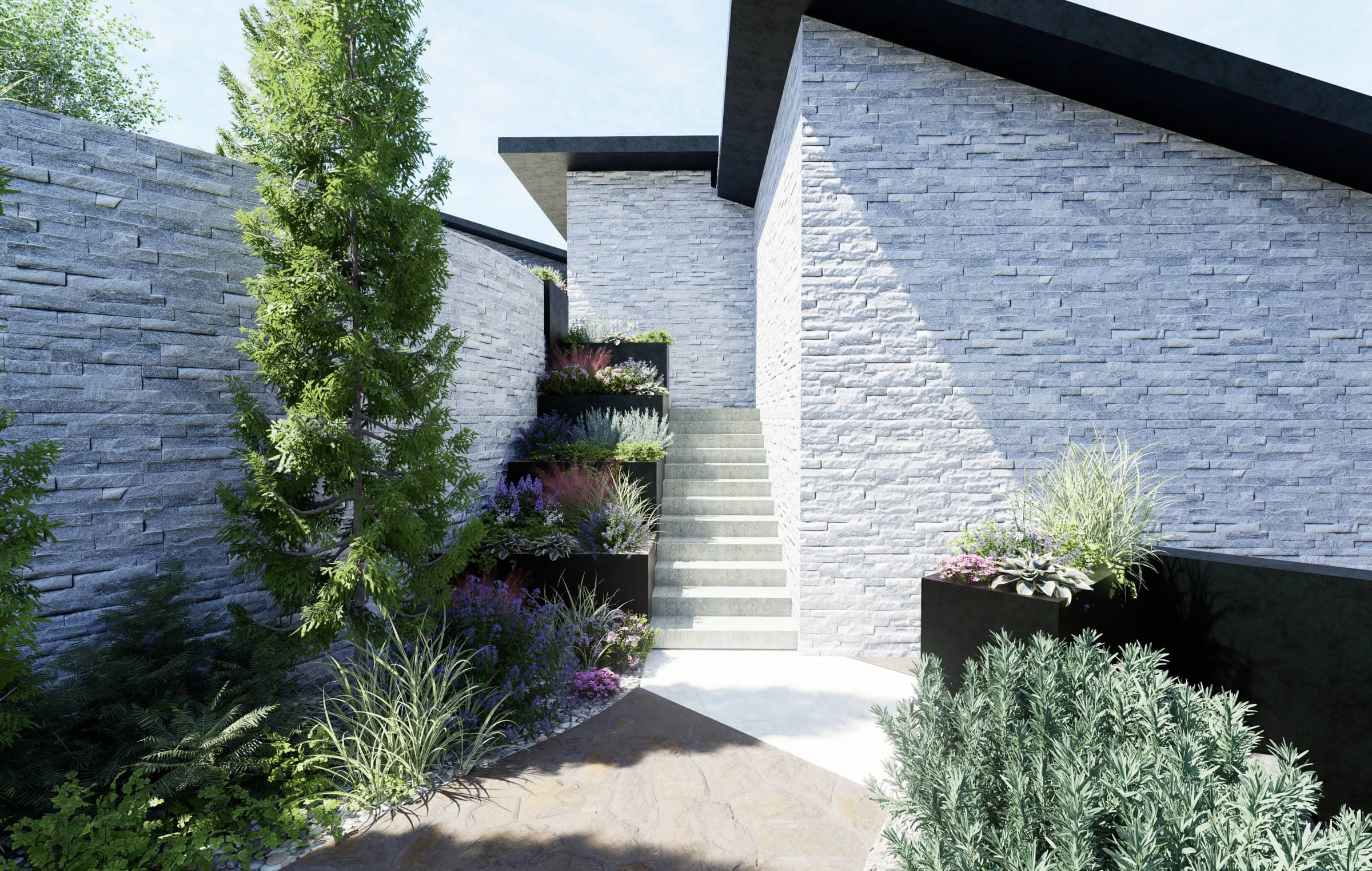 Modern stone house entrance with landscaped garden